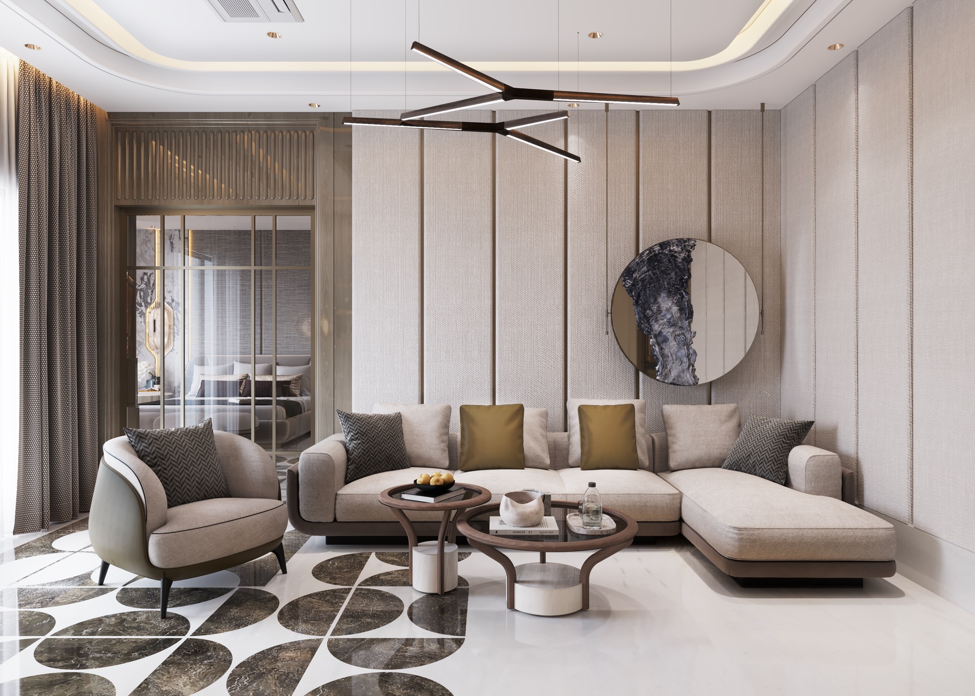 Bedroom lounge with sectional sofa, round stone mirror and linear pendant light